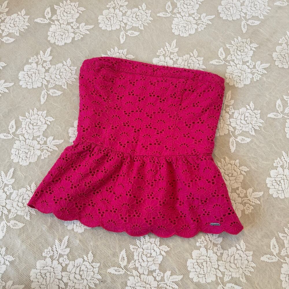 Vintage Y2K Abercrombie & Fitch Pink Eyelet Strapless Peplum Top Size M